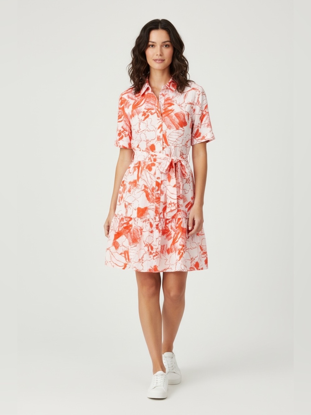 Calvin Klein Floral Print Ruffled Hem Belted White Orange Tulip Dress Sz 12 NWT